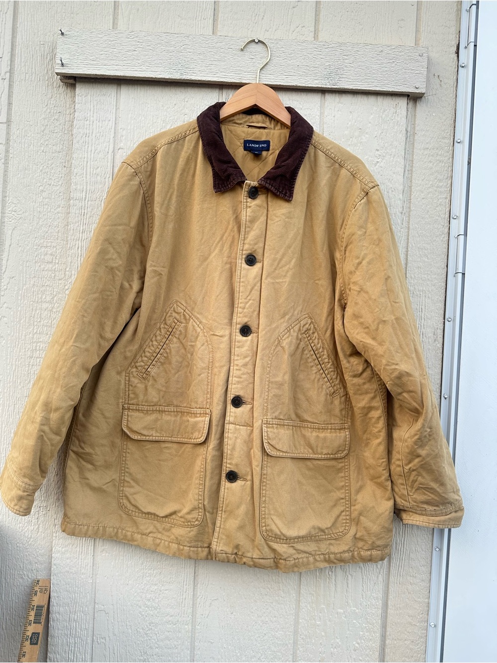 Lands End Mens XL Barn Camel Canvas Coat Jacket Brown Corduroy Collar QuiltLined